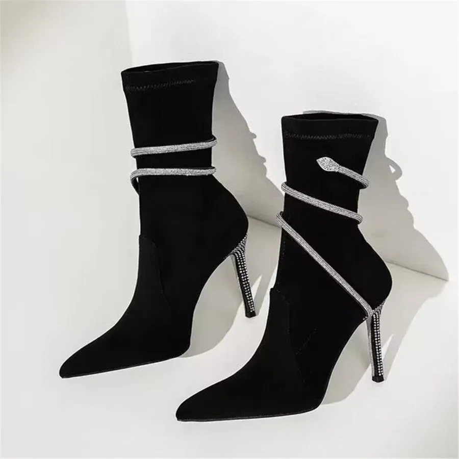 

Sexy Pointed Toe Women Ankle Boots High Heel Designer Slip-on Dress Shoes Serpentine Winding Short Booties Ladies Prom Stiletto