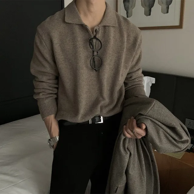 New Men Korean Style Polo Neck Sweater Light Luxury Knitted Long Sleeve Pullover Casual Solid Color Streetwear Leisure Knitwear 1