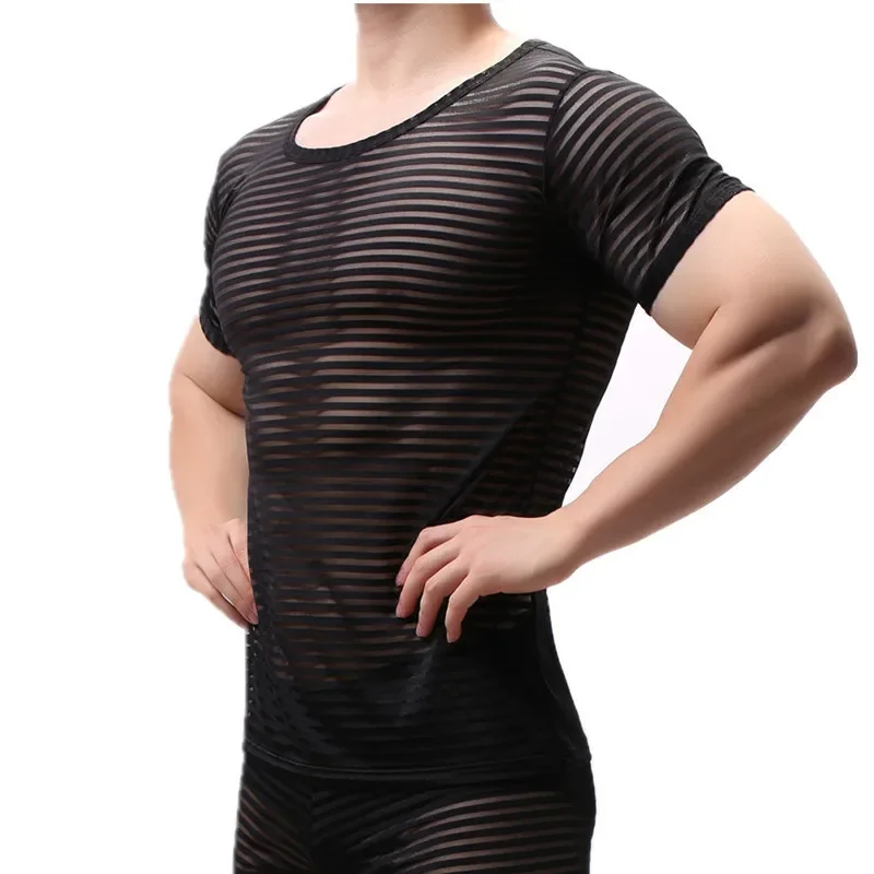 Men Undershirts Mesh Striped Transparent Tops Tee camiseta interior hombre Casual Muscle Bodybuilding Fitness T-shirt Underwear