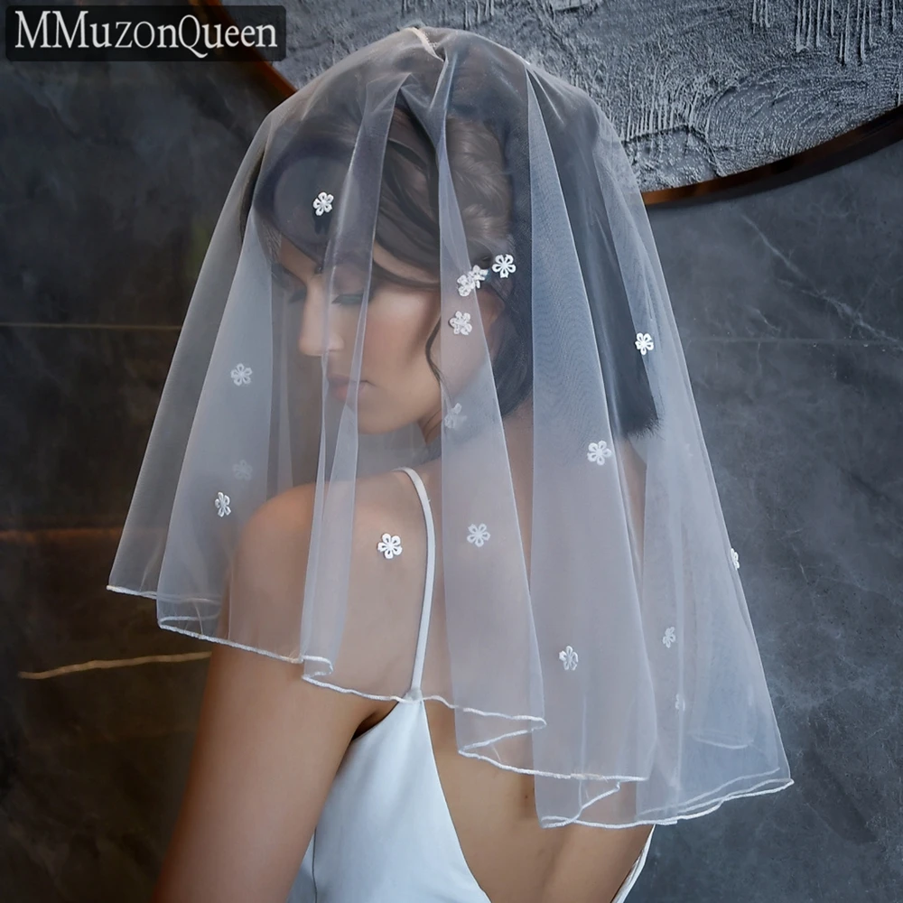 M35 3D Flowers Two Tier Elbow Length Wedding Veil with Blusher Designer Bridal Veil White/Off-White Short Wedding Veils