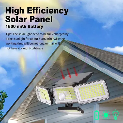 야외 태양광 벽 램프 PIR 모션 센서 164/250/278 LED 조정 가능한 4 헤드 플러드 램프, 정원 마당 가로등 4
