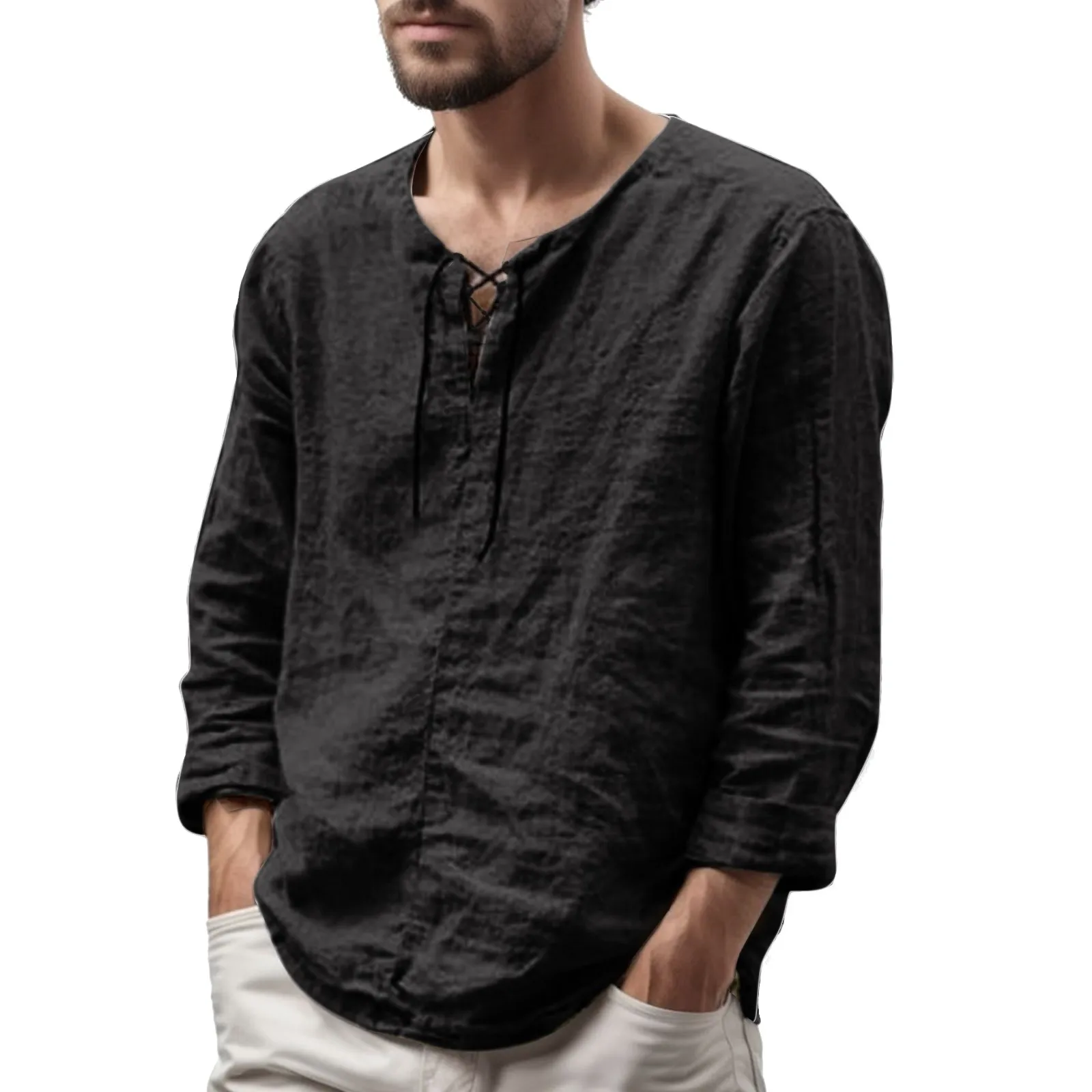 

Men's Casual Solid Color Tops Splice Round Neck Blouses Drawstring Long Sleeve Shirts Fashion Loose Handsome Shirt For Male