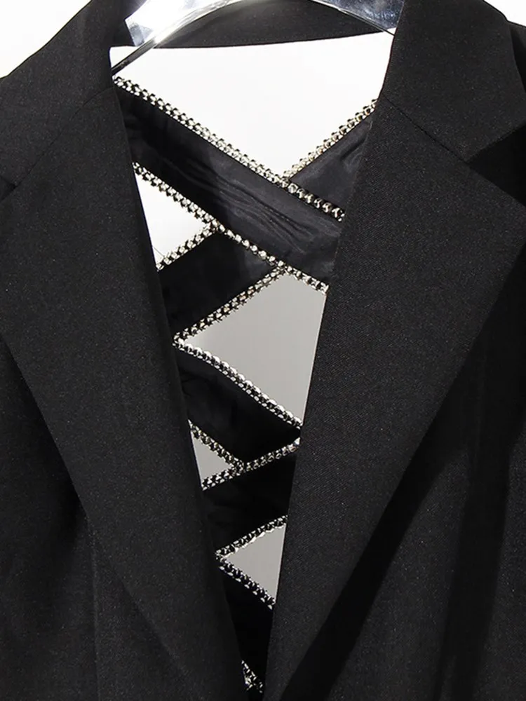 KBQ Hollow Out Crisscross Backless Blazer For Women Notched Collar Long Sleeve Spliced Lace Up Solid Blazers Female Fashion New