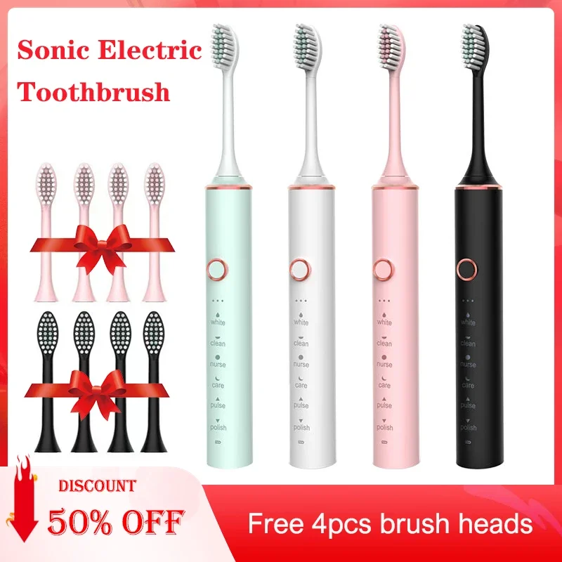Electric Toothbrush USB Fast Charging Sonic Electric Toothbrush Smart Timer Rechargeable Adult Toothbrush Set Replacement Heads