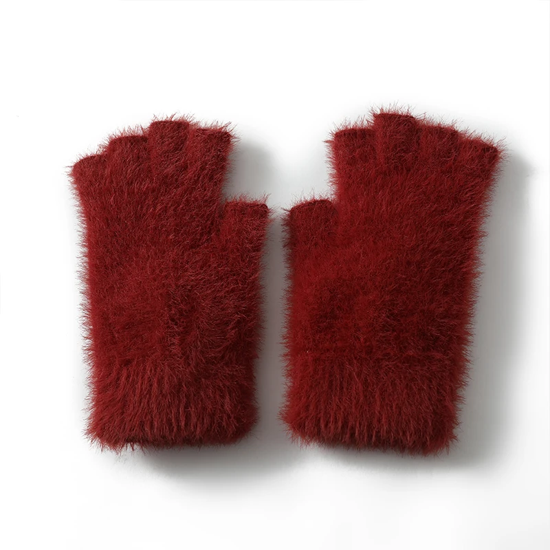 Mink Cashmere Autumn Winter Women Gloves Fingerless Warm Racoon Wool Mitten Wrist Length Thumb Hole Mitts Korean Female Lovely