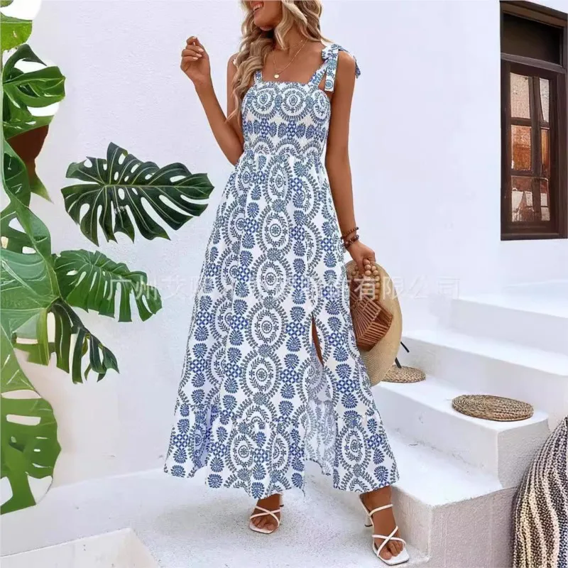 

Women's Summer New Fashionable Suspender Print Sleeveless Slit Long Dress Sexy Square Neck Bohemian Vacation Maxi Dress Vestidos