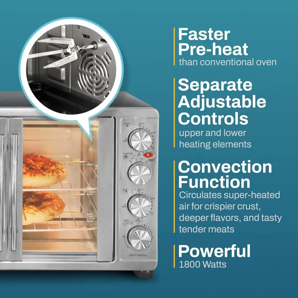 ETO-4510M French Door 47.5Qt, 18-Slice Convection Oven 4-Control Knobs, Bake Broil Toast Rotisserie Keep Warm