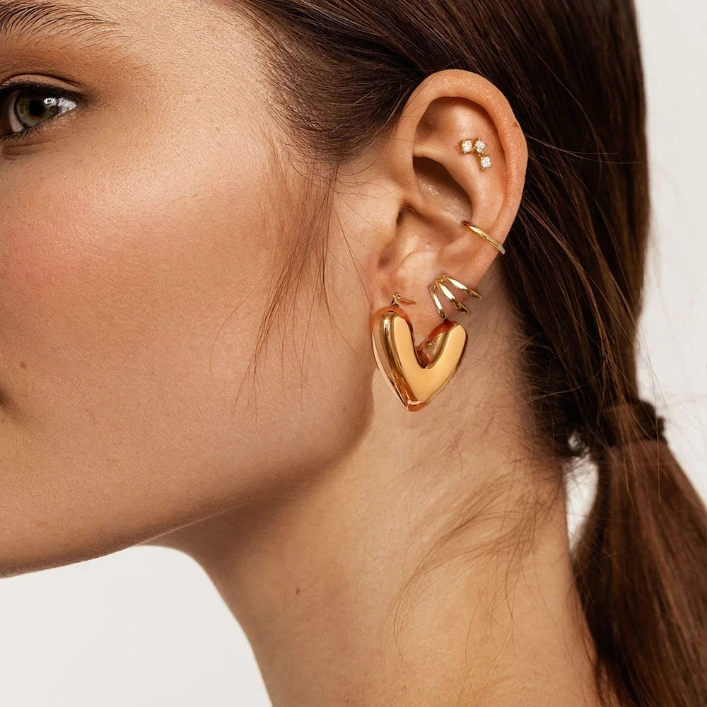 Stainless Steel Smooth Round Tube Chunky Hoop Earrings for Women Glossy Gold Plated Heart Geometric Threaded Ear Hoops Jewelry 6