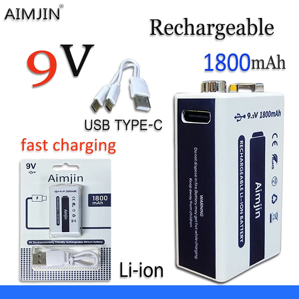 

New 100% Original 9V 1800mAh Fast Charging Li-ion Battery USB TYPE-C For Microphone, Toy Remote Control,Alarm+Data Cable