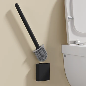 Scopino per WC in silicone nero con manico lungo Detergente flessibile MINI scopino da bagno Supporto per asciugatura rapida Accessori da bagno 1