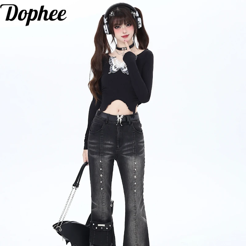 

Dophee Original Women Spring Summer Long Sleeve T-shirt Elegant Lace Butterfly Spice Girls Crop Top Y2k Slim Bottoming Tees