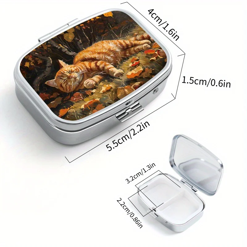 Orange Pattern Printed Square Medicine Box, Pocket Wallet Compartment Portable Medicine Box, Travel Metal Storage Box