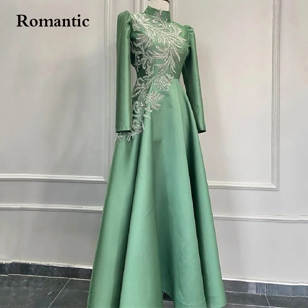 

Romantic Green Morocco Evening Dress High Neck Full Sleeves With Appliques Saudi Arabia Long Prom Gowns Dubai Vestido de festa