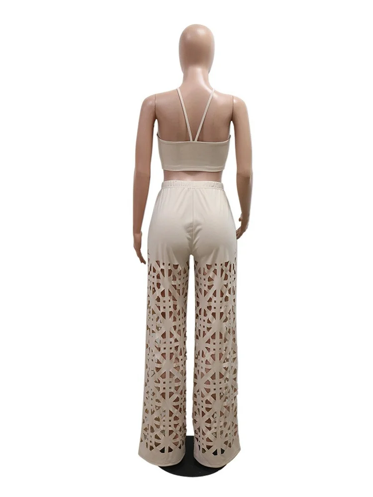Wmstar Two Piece Set Women Sexy V Neck Bandage Sleeveless Hollow Out  Wide Leg Pants Matching Suits Wholesale Dropshipping New