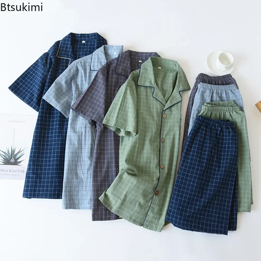 Men's Summer Pajamas Pajama Sets Thin Short-sleeved Shorts Soft Cotton Simple Japanese Plaid Home Service Suit Pantalon Pijama Hombre