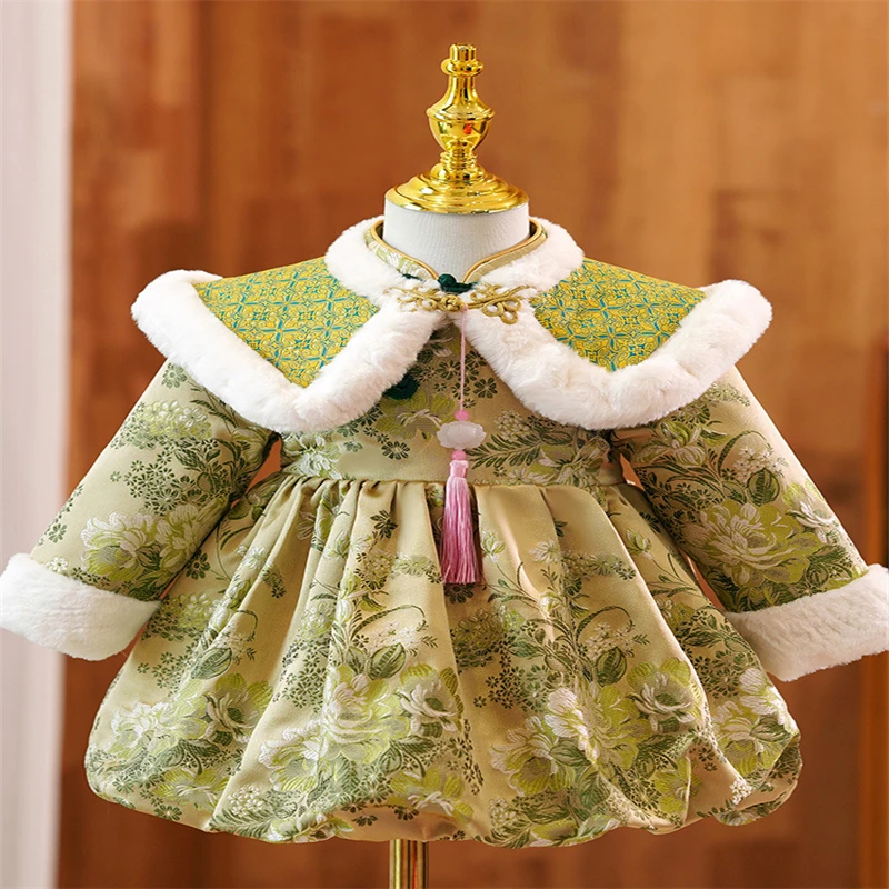 

New Year Thick Kids Hanfu Chinese Folk Costume Baby Girl Dance Wear Fairy Cosplay Oriental Ancient Green Floral Print Dress