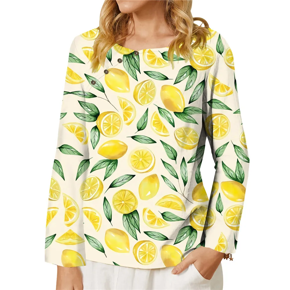 Женская футболка CLOOCL Hawii, летняя футболка с принтом лимона и 3D пуговицами, украшенная вырезом лодочкой и длинным рукавом, повседневные топы, футболка большого размера Женская футболка CLOOCL Hawii, летняя футболка с принтом лимона и 3D пуговицами, украшенная вырезом лодочкой и длинным рукавом, повседневные топы, футболка большого размера