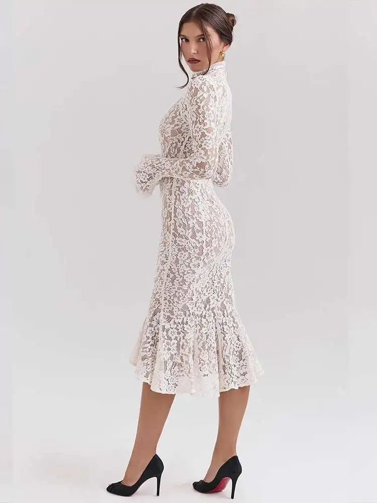 Townlike Lace Slim Bodycon Midi Long Dress Women 2024 Autumn Winter Dress  Nightclub Sexy Party Dresses With Lining