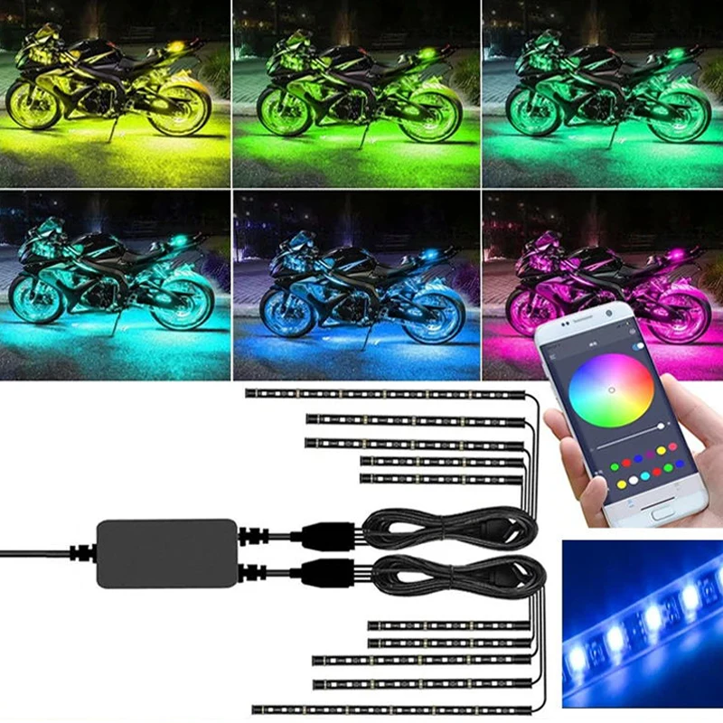 RGB LED Motorcycle Control Lights Underglow Universal Waterproof Music App Control Atmosphere Lamp Strip motorcycle led lights motorcycle accessories led lamp strip led atmosphere light