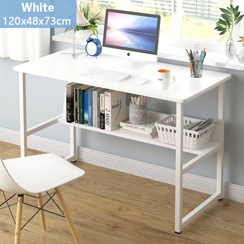 Wooden Computer Desk With 2 Layers Storage Rack High Gloss Living Room Kitchen Dining Office Versatile Modern Rectangle Table 5