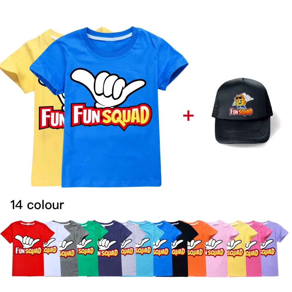

New Summer Kids Clothes Short Sleeve T-shirt Fun Squad Children's Clothing Boys Girls Printed Cartoon Casual Cotton T-shirt+cap