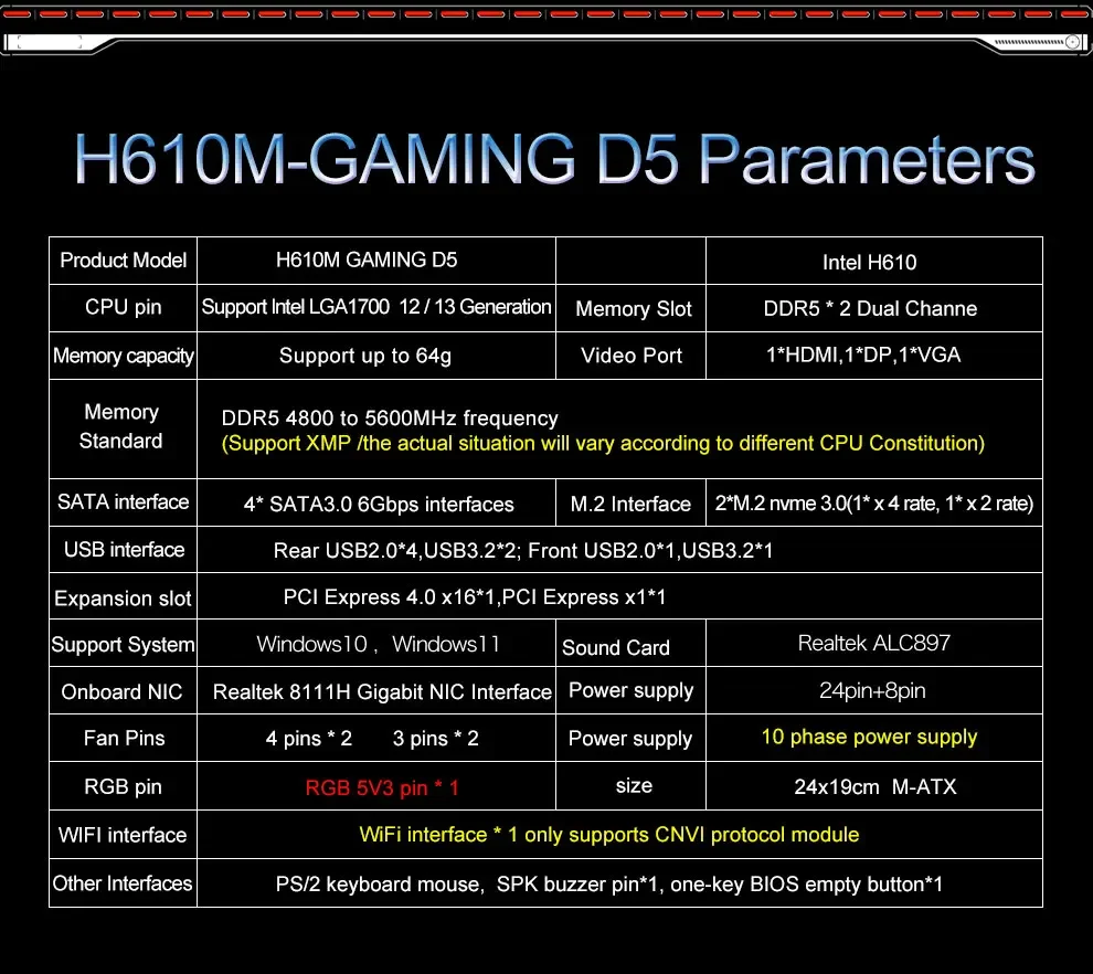 Description Picture 3 of itemJGINYUE H610 Motherboard Kit I5 12400F LGA1700 2*16GB=32GB 4800MHz DDR5 Dual Channel Memory RAM Support M.2 NVME H610M GAMING D5