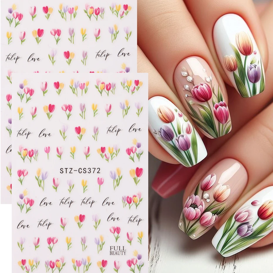 2pcs 봄 꽃 네일 아트 스티커 다채로운 튤립 식물 테마 네일 데칼 DIY 매니..