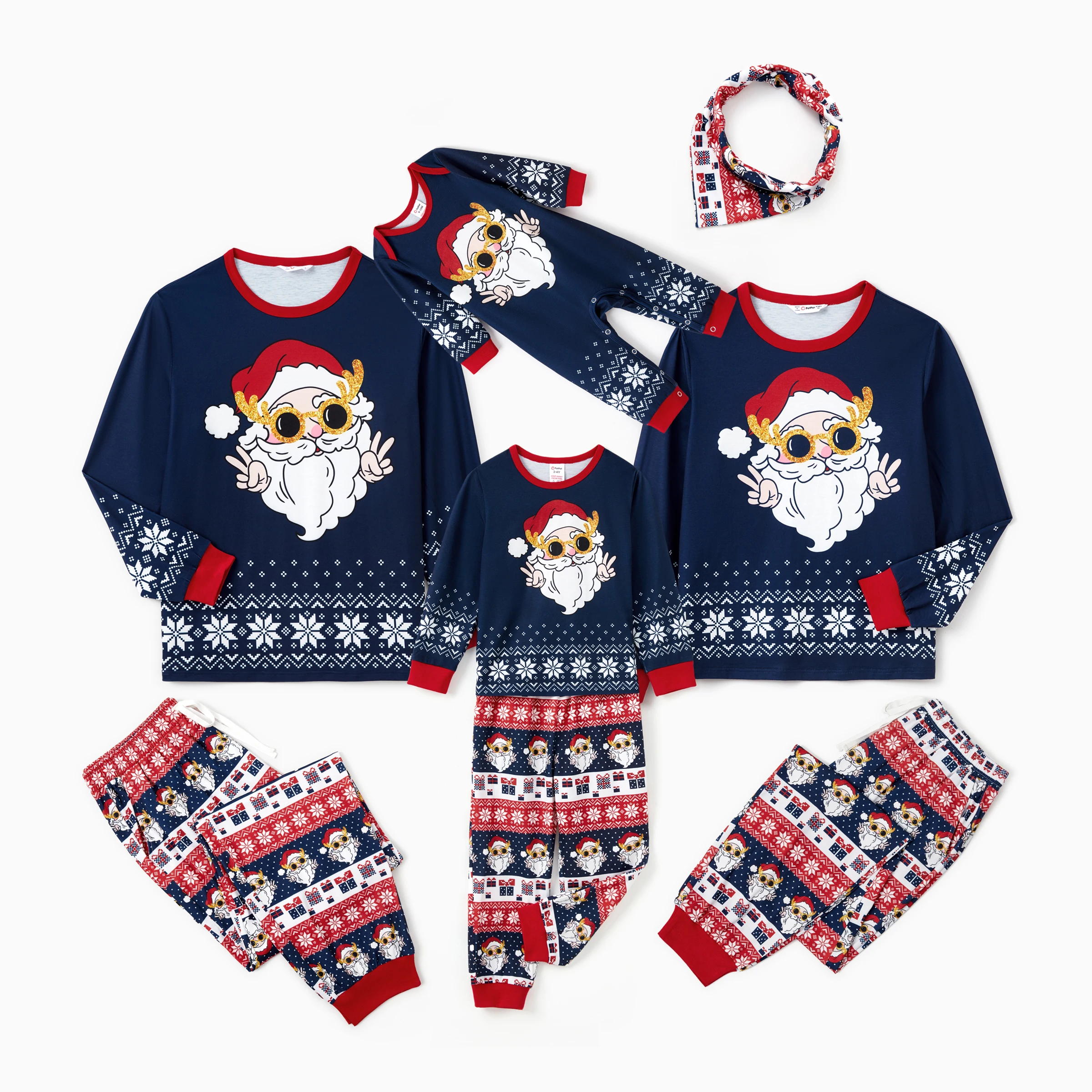 thumbnail image 1 of Conjuntos de pijamas navideños familiares a juego con divertidos dibujos de Papá Noel con gafas de sol (resistentes al fuego), 1 of 5