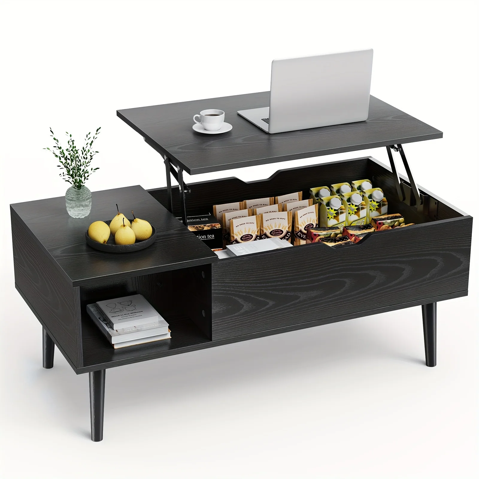 Vintage Lift Top Coffee Table with Hidden Storage, Adjustable Shelf, Durable Wood Construction,