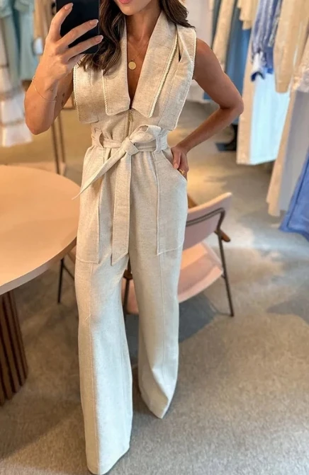 Jumpsuit for Women 2023 New Fashion Daily Temperament Commuting Loose Fit Lapel Neck Casual Retro Waist Tie Wide Leg Bodysuit