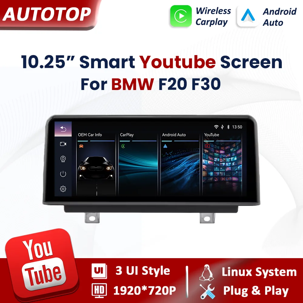 AUTOTOP 10.25 pouces sans fil Carplay Android Auto Linux autoradio pour BMW 1 2 3 4 série F20 F21 F22 F30 F31 F32 F33 F34 lecteur vidéo multimédia écran tactile avec YouTube en ligne Autolink miroir lien WiFi Bluetooth GPS