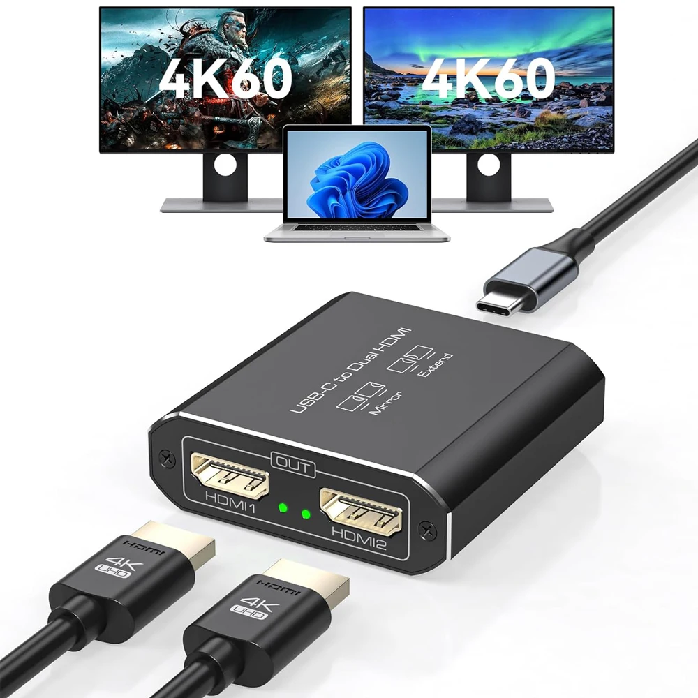 Navceker 4K 60Hz Thunderbolt to Dual HDMI Adapter USB C
