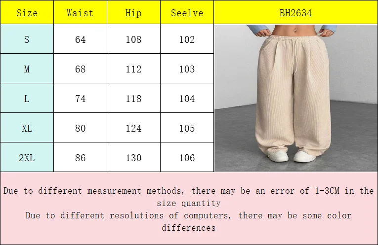 Women's Wide Leg Corduroy Pants with Drawstring Waist size and measurement chart