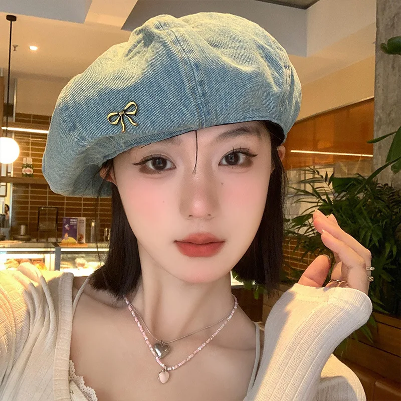 Bow Washed Denim Light Blue Beret Womens Spring and Autumn Korean Version Versatile Hat Cloud Bud Octagonal Hat Trend