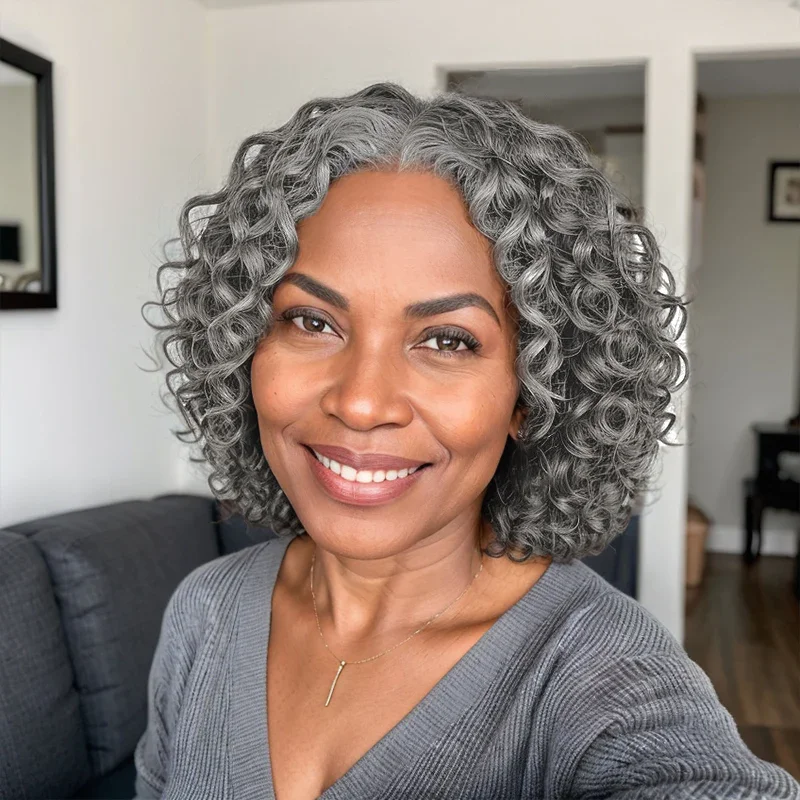 Brazilian Remy 220% Short Bob Salt And Pepper Deep Wave HD Transparent 5x5 Closure Lace Human Hair Wig For Women