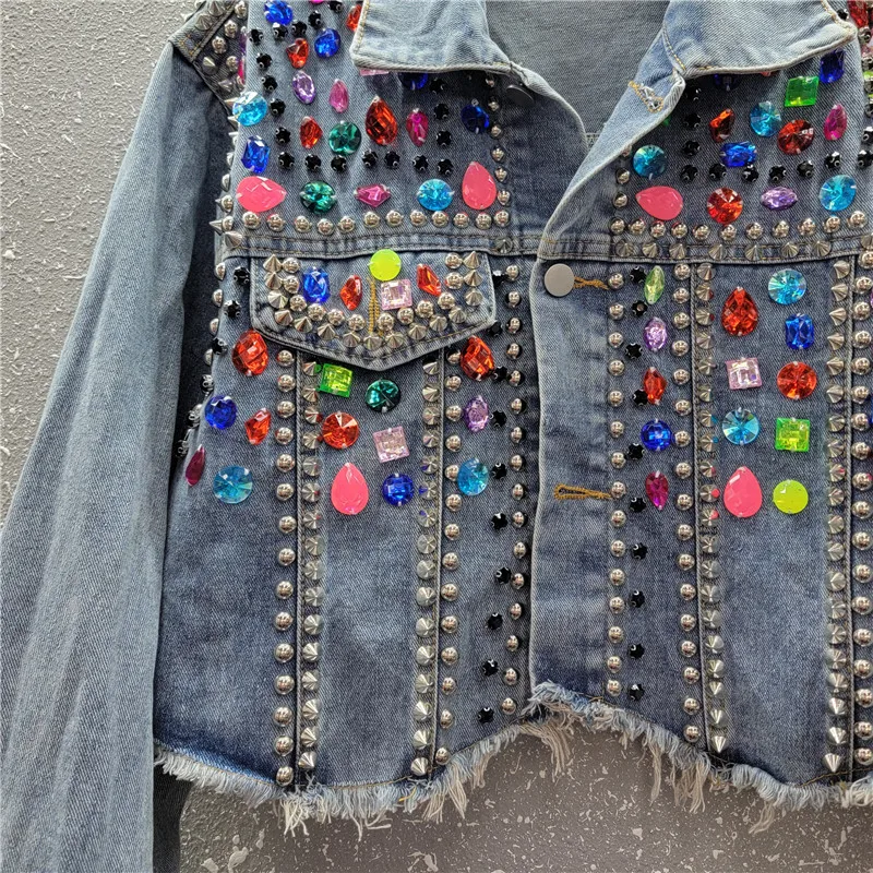 女性用ラインストーン付きデニムジャケット,レインボーカラー