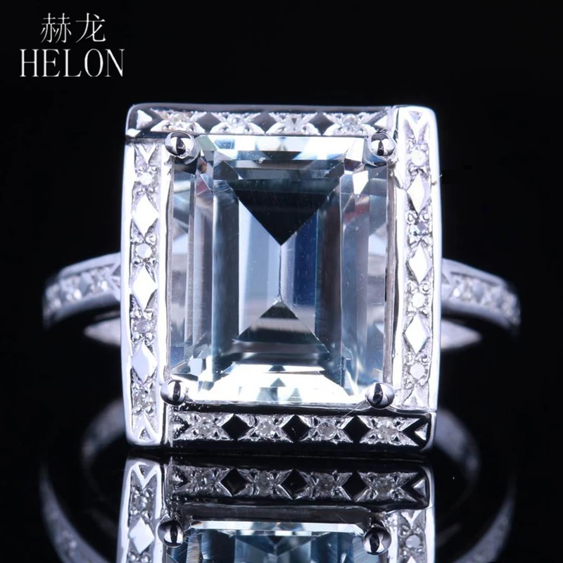 

HELON Solid 14K White Gold Women Fine Jewelry Emerald Cut 9X11MM Genuine Natural White Topaz Diamonds Engagement Wedding Ring