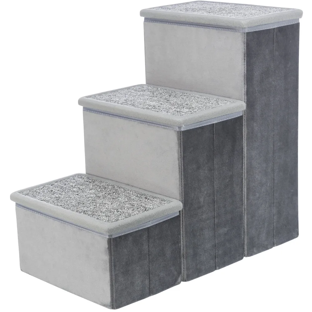 

3-Step Foldable Velour Pet Stairs With Storage, Gray