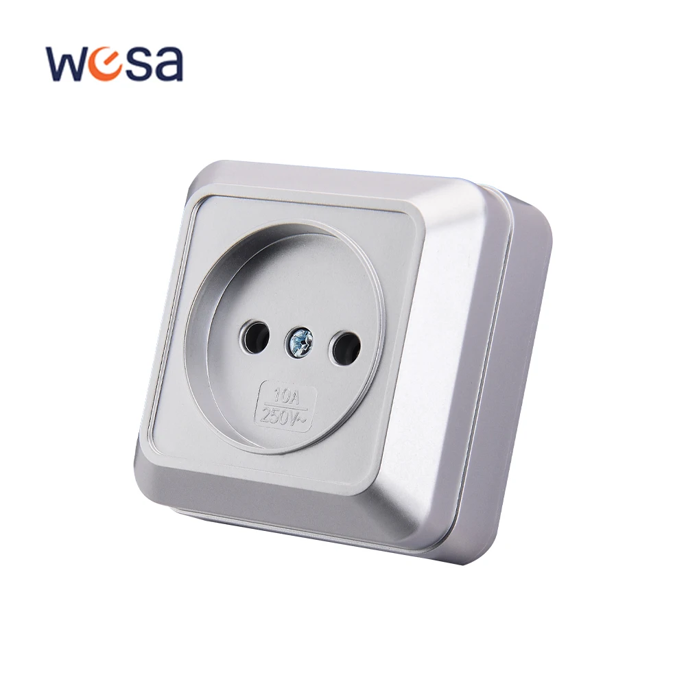 WESA Silvery Wall Surface Socket Plug Europe Exterior Electrical Outlets Not Ground Outdoor Power Socket Flame Retardant Paint