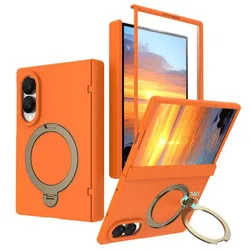 360° Rotating Magnetic Ring Holder Case with Front Tempered Film Cover - Galaxy Z Fold 8 (Orange)