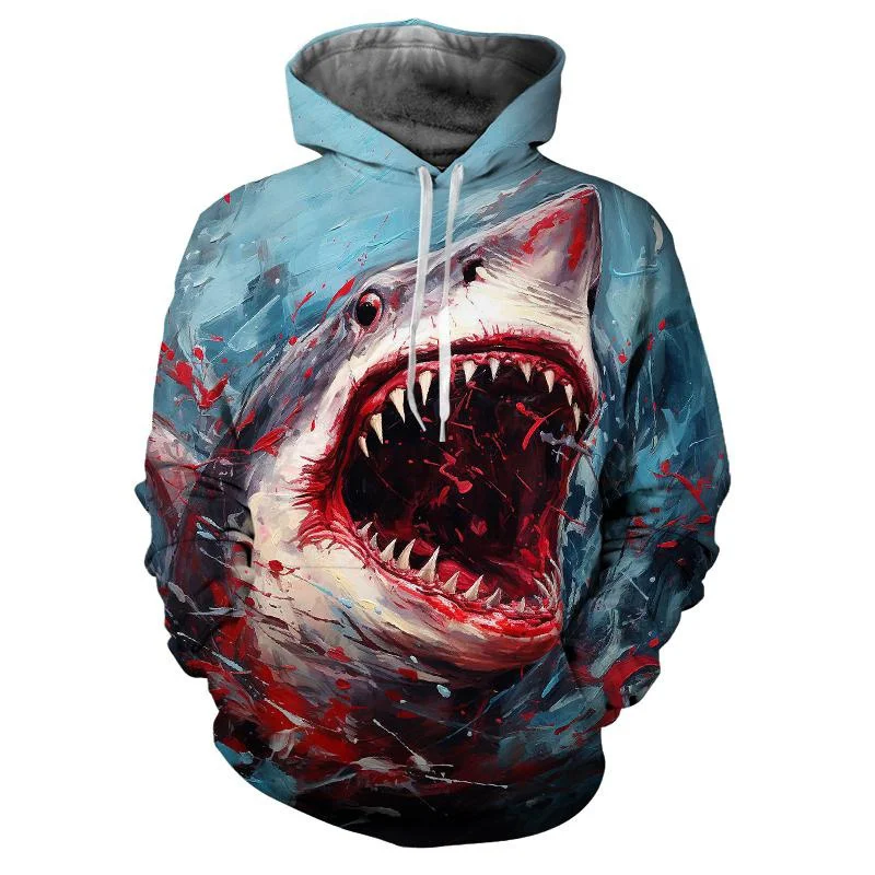 3D Printed Bloody Shark Hoodie For Men Marine Animal Pattern Long Sleeves Casual Sweatshirt Loose Pullover Hoodies Streetwear 3