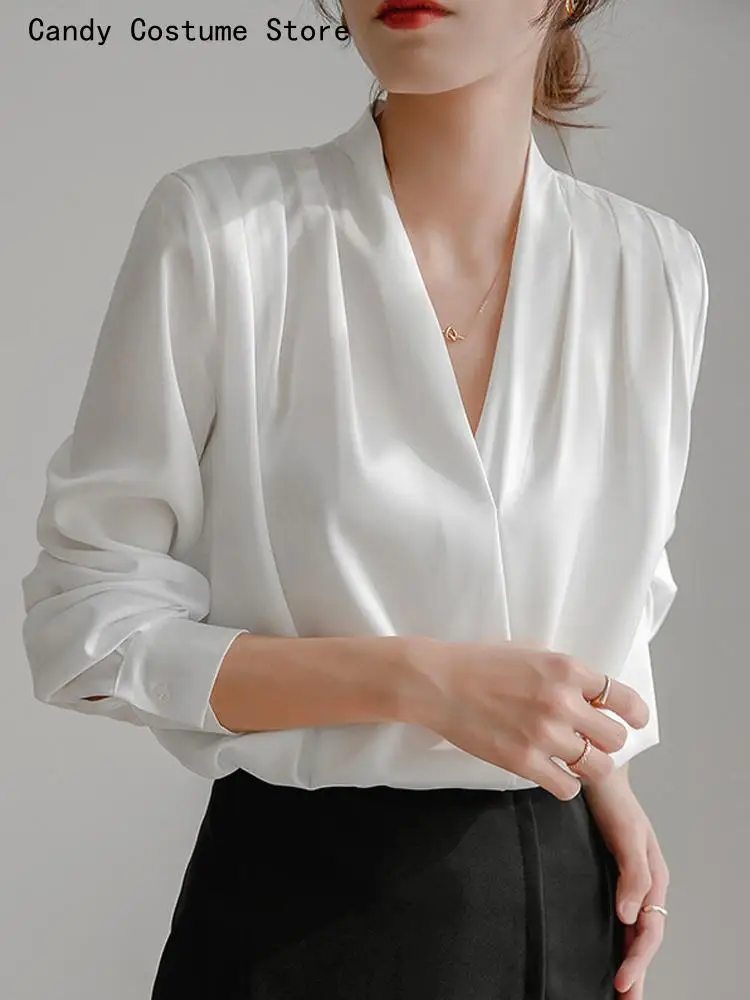 

Solid Shirt White Deep V neck Fashion Women Blouses Long Sleeve Top ruffled Smooth Satin Anti Wrinkle Camisa Mujer Summer