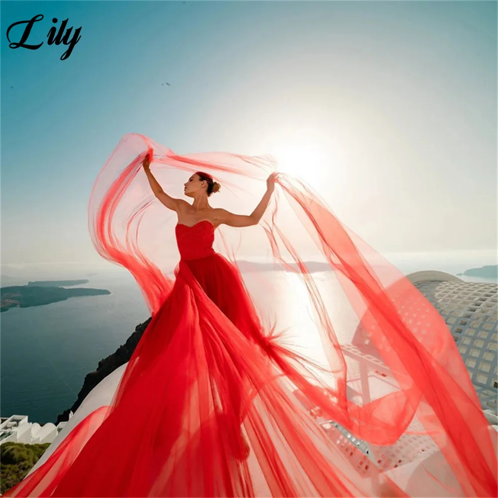 

Lily Red Net Evening Gown Sweetheart Sleeveless Elegant Prom Dresses Chapel Split Train Wedding Evening Dress robes de soirée