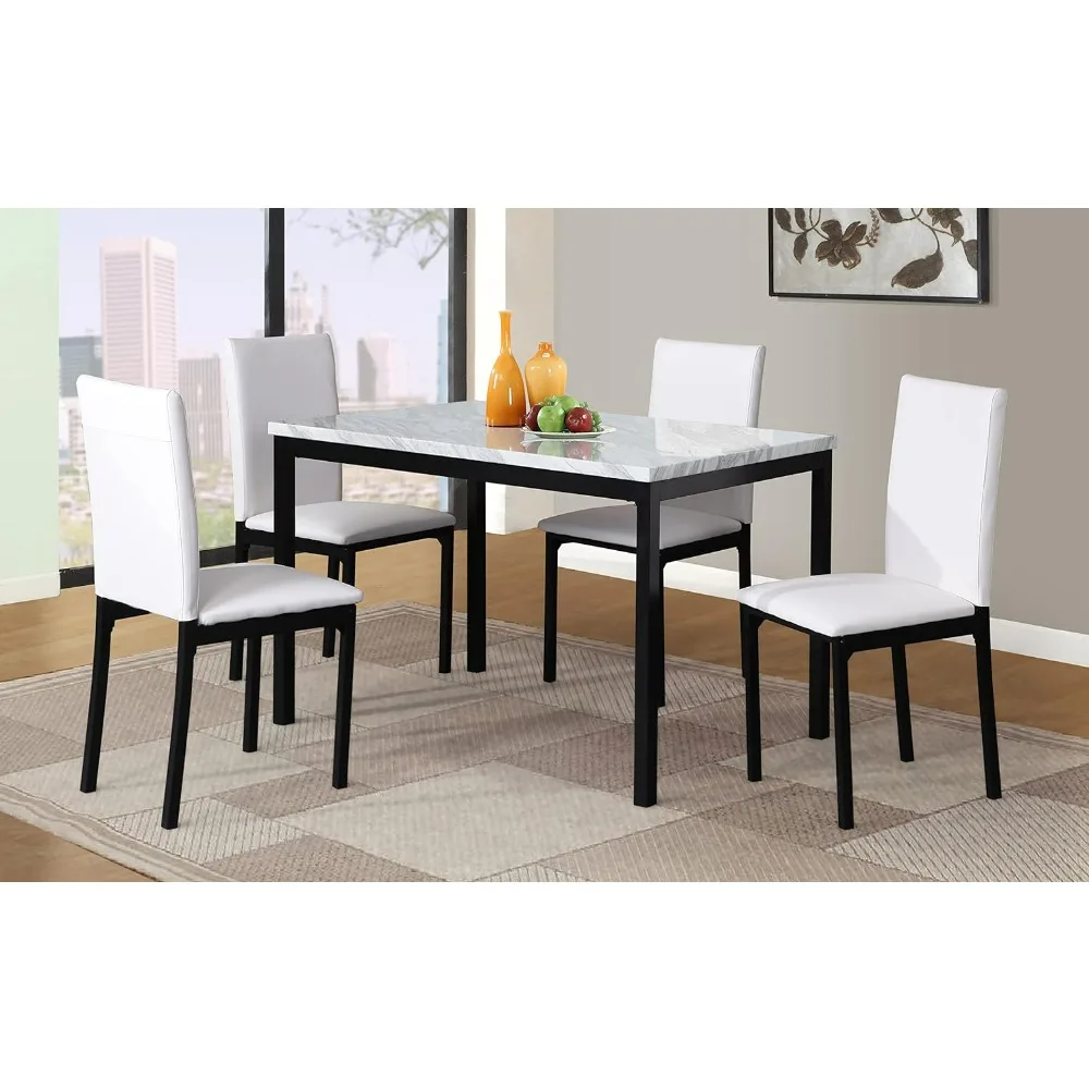 Citico Metal Dinette Set 5 Piece With Laminated Faux Marble Top Restaurant Table White Chair Dinning Tables and Chairs Furniture