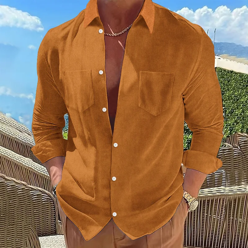 Spring Autumn New Solid Color Fashion POLO Collar Shirt Man High Street Casual Loose Button Corduroy Pockets All-match Cardigan