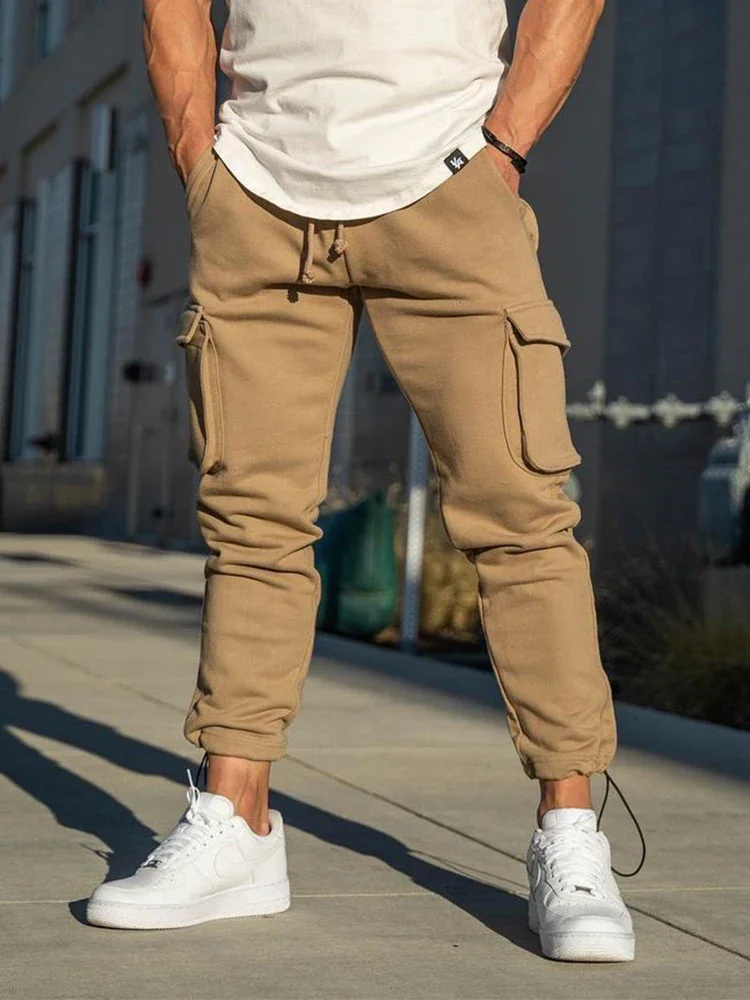 Description Picture 2 of itemFitness Stretch Slim Pants Men Fashion Patches Pockets Cargo Pants Spring Summer Mens Sports Training Running Jogging Trousers