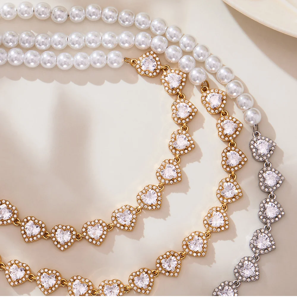 Weiße Imitationsperle Perlenkette Halskette Damen Edelstahl vergoldet glänzender Zirkon Herz Halskette Halsband Luxusschmuck – Detail 12