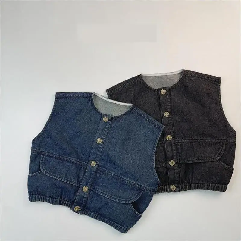 Spring New Children Sleeveless Denim Vest Baby Boys Girls Vintage Cardigan Toddler Solid Casual Vest Coat Kids Clothes