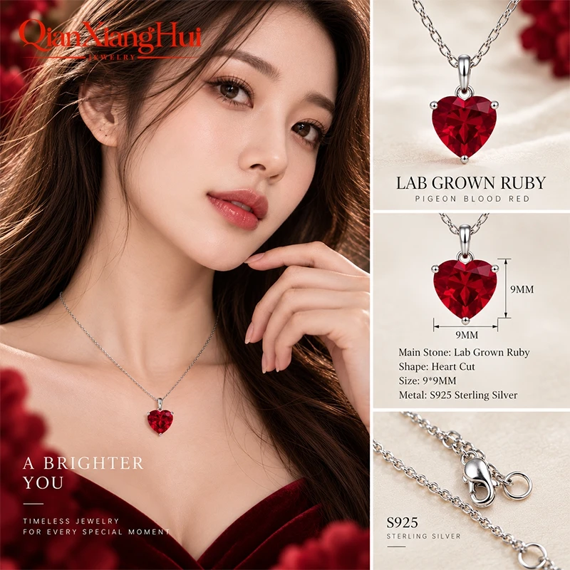 3.6ct 9*9mm S925 Silver Heart Shape Lab Grown Royal Blue/Cornflower Sapphire Pigeon Blood Red Inclusions Stone Pendant Necklace