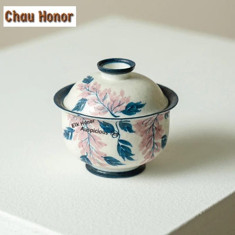 100ml Hand-painted Wisteria Flower Gaiwan Boutique Tea Tureen Tea Bowl with Lid Kit Tea Maker Cover Bowl Tea Items Decoration